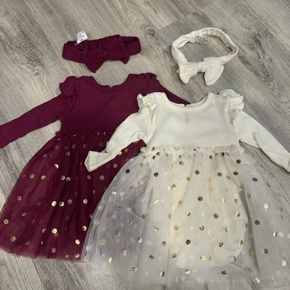 Kids matching dress & bow Set with Gold Polka Dots